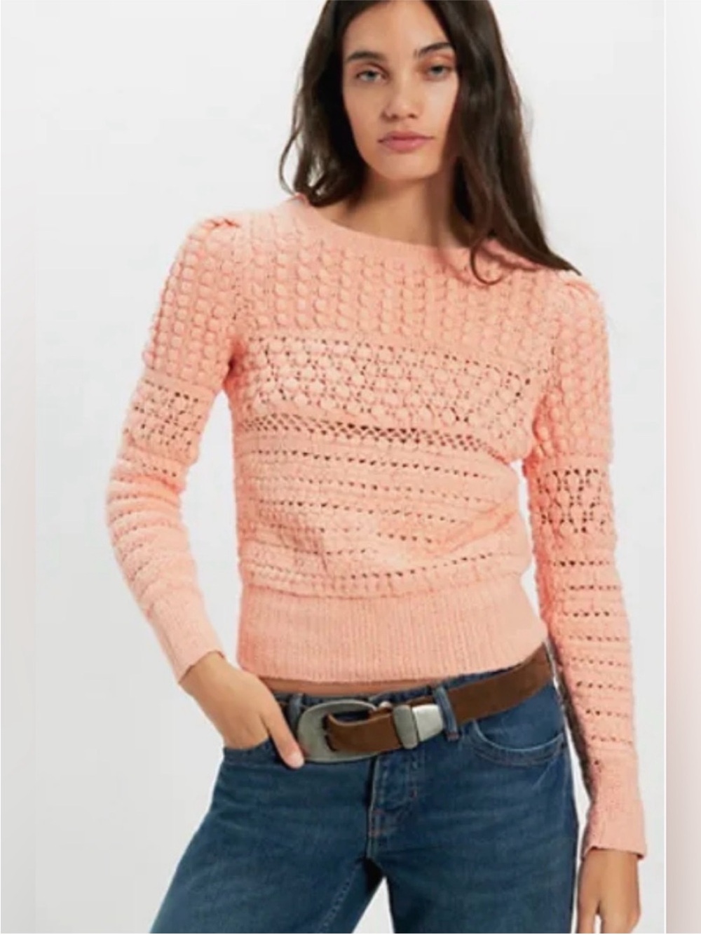 Free People Peach Crochet Crewneck Sweater